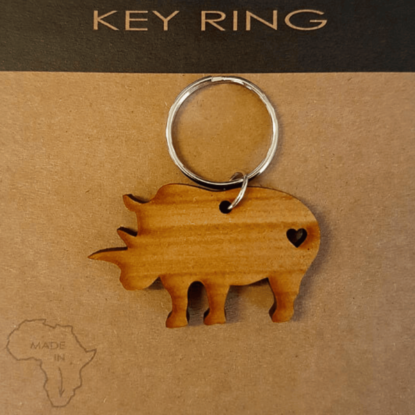 Wooden rhino keyring souvenir.