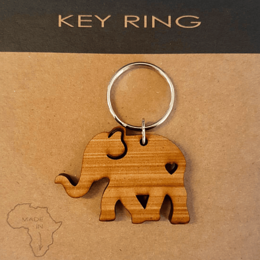 Wooden elephant keyring.