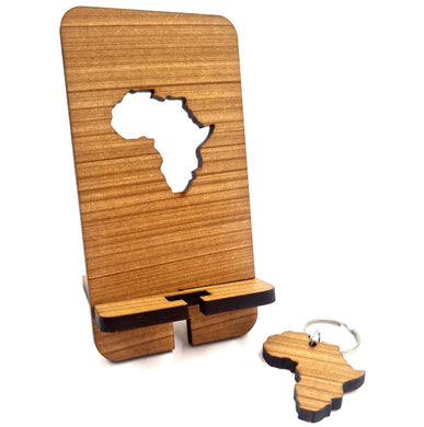 wooden Africa cut-out phone stand with matching Africa shaped keyring