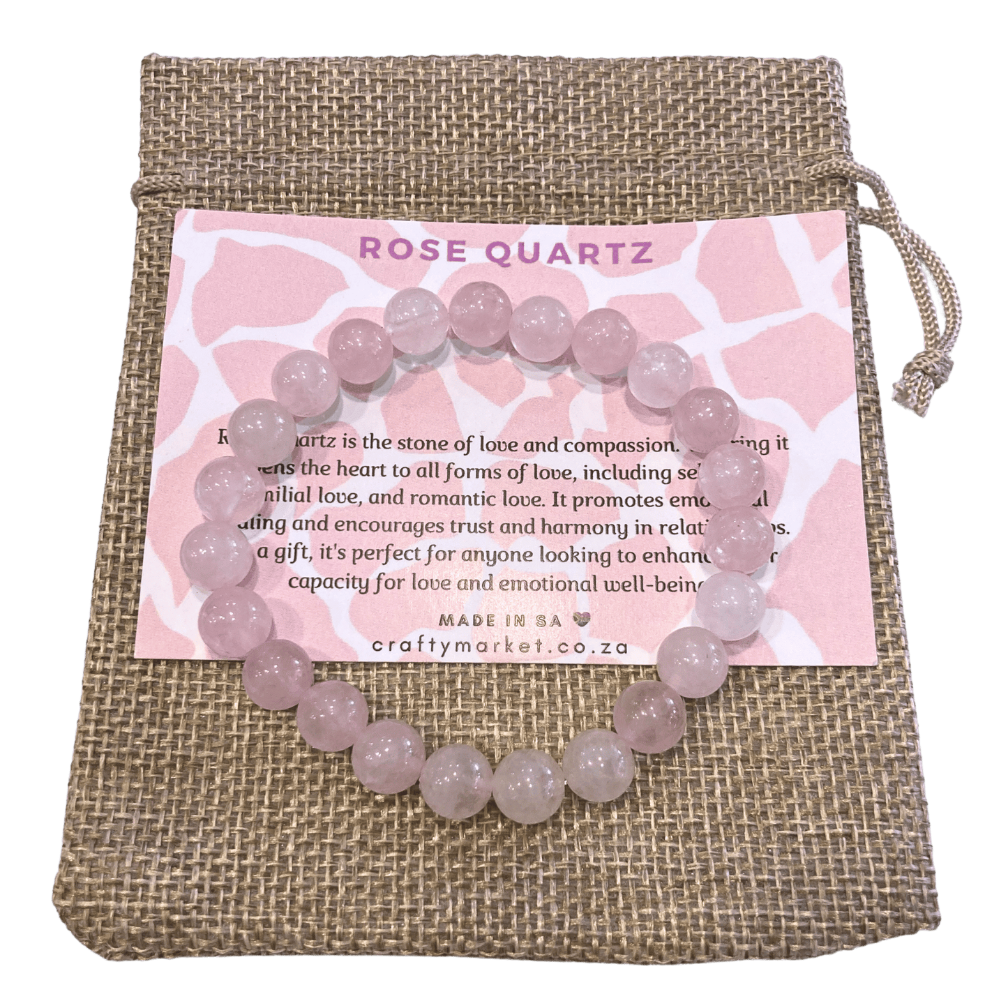 Rose quartz bracelet on hessian gift bag.