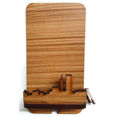 Wood phone stand with Johannesburg skyline