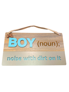 Hanging wood sign that says: "Boy (noun); noise with dirt on it".
