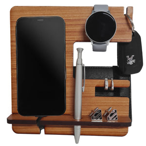 Wooden docking station with charging phone, car keys, watch, wallet, cufflinks and pen 