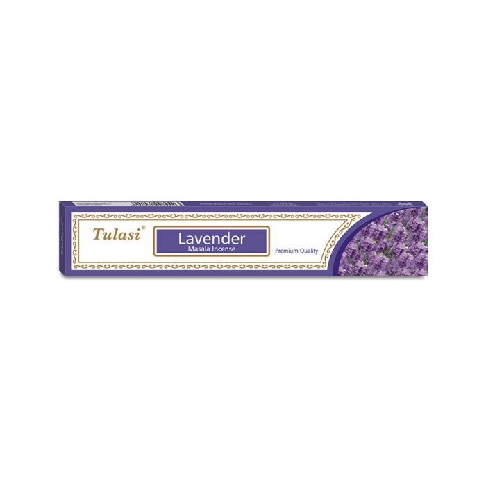 overhead view of a purple box of lavender scented Tulasi premium masala incense sticks