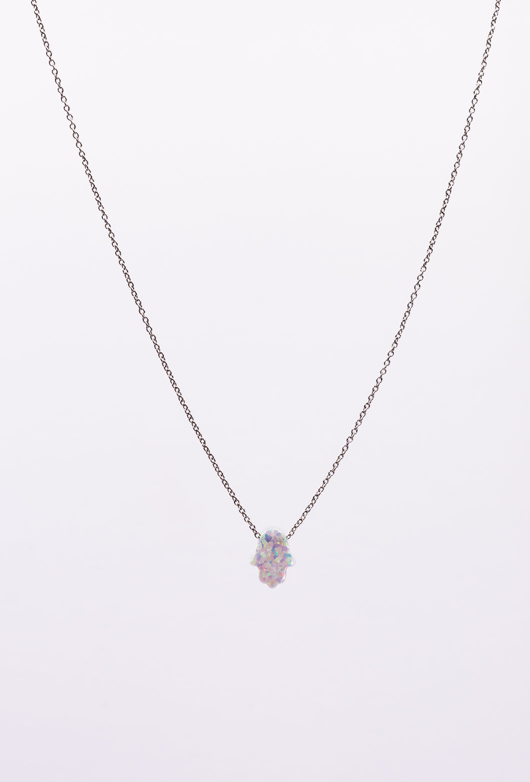 925 Sterling Silver White Opal Hand of Hamsa Necklace