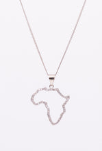 a sterling silver necklace featuring a cubic zirconia filled Africa outline pendant