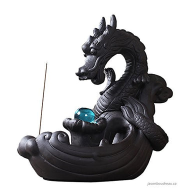 black resin dragon backflow burner featuring a detailed dragon head and tail with scales and an open mouth