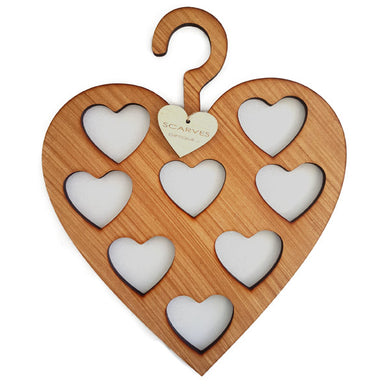 Oak wood laser cut heart shape scarf hanger with nine heart holes for scarves punched into the wood