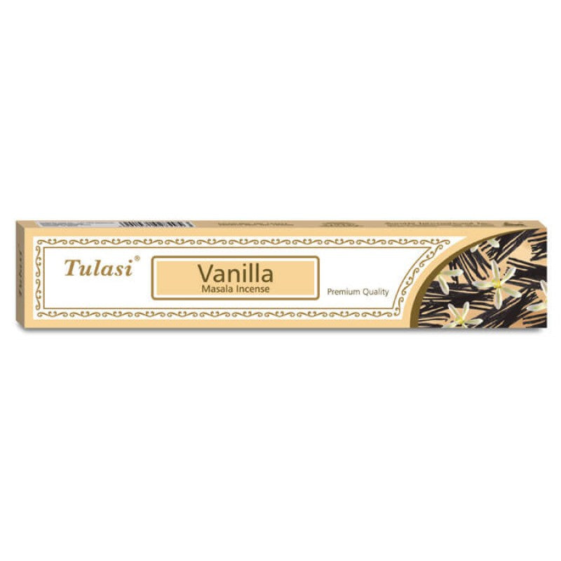 overhead view of a cream box of vanilla scented Tulasi premium masala incense sticks