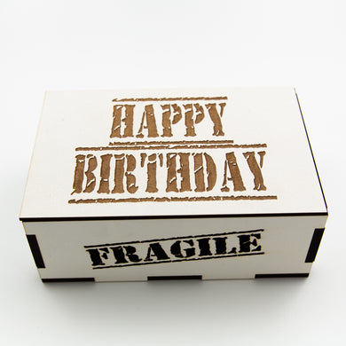 White, rectangular wooden laser cut box with the words: 
