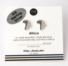 a set of sterling silver earring studs in the shape of Africa with one half covered in diamante and the other half plain silver