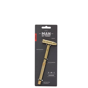 men's brass coloured 5 in 1 hammer tool displayed on a grey backing card