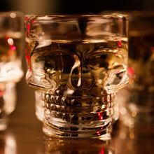 front view of a skull shaped shooter glass with an out of focus background.